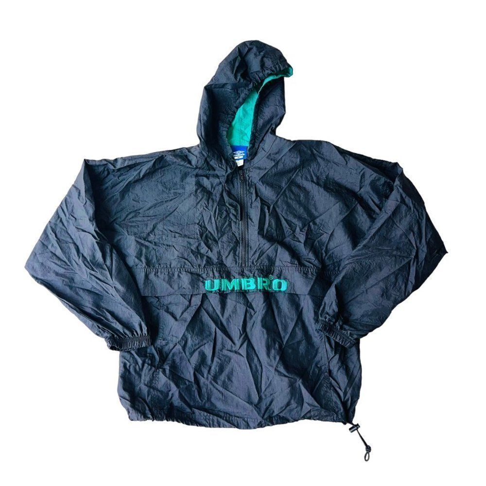 VTG Umbro Windbreaker 1/2‎ Zip Pullover Black / Green Unisex Medium (M)